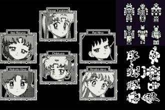draw 1 bit pixel art and animations,  1 bit tilesets and environment, 1 bit card