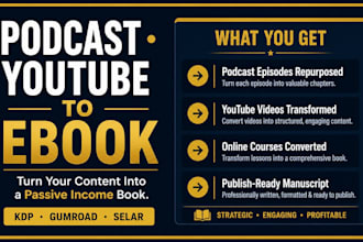 repurpose your podcast, youtube video into a professional ebook