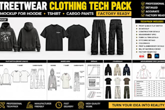 create streetwear tech pack 3dmockup for hoodie tshirt cargo pants factory ready
