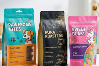 design spice, herbal tea, dog treat and snack pouch packaging in adobe