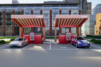 revamp old building to new electric charging station,modern parking space render