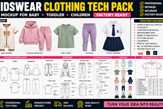create kidswear clothing tech pack 3d mockup for baby toddler factory ready
