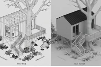 create 3d tree house, forest cabin, or eco retreat, tree pod