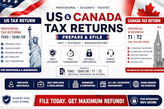 prepare and efile us tax return, canada tax return, individual t1 t2 cra tax