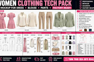 create women clothing tech pack 3d mockup for dress blouse pants factory ready