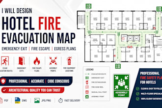design hotel fire evacuation map, emergency exit, fire escape and egress plans