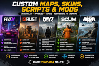 create fivem, dayz, rust, arma 3, and scum survival mods, maps, scripts