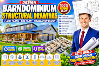 design barndominium structural drawing, floor plans, site plan foundation design
