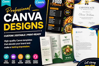 design editable canva food menu, certificates, banners, brochures, letterhead