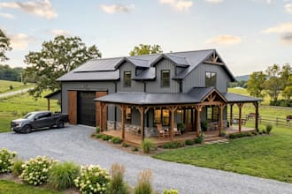 create barndominium, pole barn, house plans with 3d exterior rendering