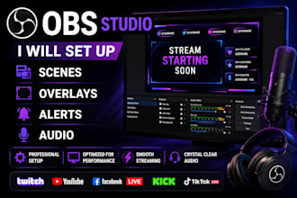 set up obs studio scenes, overlays, alerts, and audio