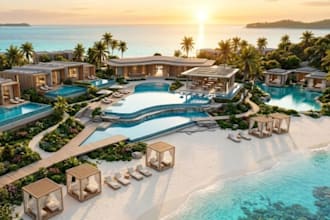 render 3d beach resort, eco lodges, cabana glamping and hospitality masterrian