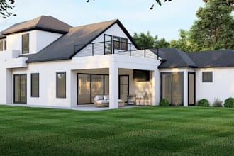 modern farmhouse 3d exterior render, stucco custom, glass garage doors,blueprint