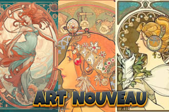 draw custom art nouveau portrait, tarot card and art deco illustration