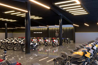 render3d motorcycle showroom,workshop interior design,auto part store,cgi layout