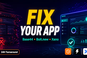 fix base44 bugs, build base44 app, deploy bolt new, and xano backend
