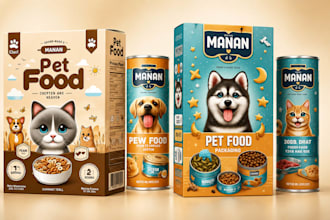 design pet food packaging, treat bags, and product supplement labels for brands