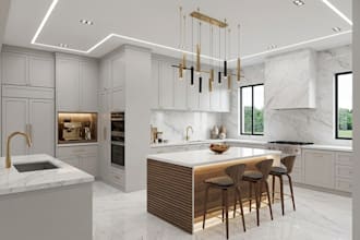 design modern kitchen layouts, cabinet shop drawings, sections and 3d rendering