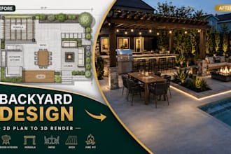 draw backyard, outdoor, kitchen, pergola, patio, porch, deck plan 3d in sketchup