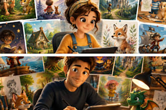 create childrens book illustration, pet book, kids story, picture book cover
