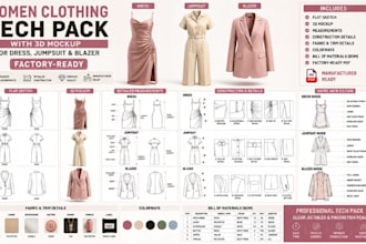 create women tech pack with 3dmockup for dress jumpsuit and blazer factory ready
