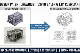 draw uspto design patent drawings, technical line art and cad figures