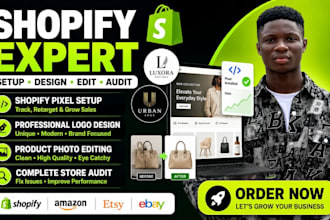 setup shopify pixel, design logo, edit product photos and audit your store