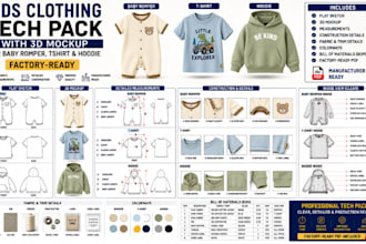 create kids cloth tech pack with 3dmockup for baby romper tshirts factory ready