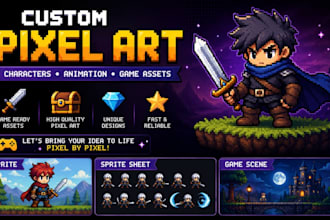 create pixel art characters, 2d pixel art sprites, pixel art animations