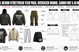 design streetwear tech pack oversized hoodie cargo pant 3d mockup for production