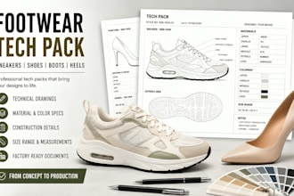 create footwear tech pack, sneaker, shoe, heels design and technical drawing