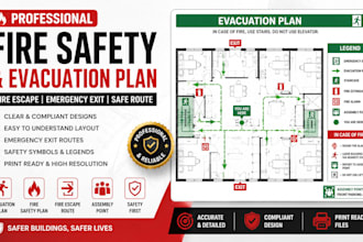 design fire safety, fire escape, evacuation plan and emergency exit route