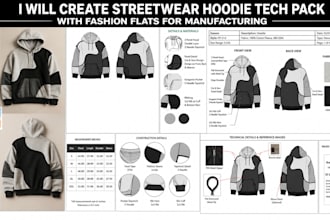 create streetwear hoodie tech pack with fashion flats for manufacturing