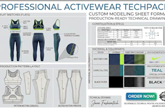design custom fashion activewear techpack with technical drawing for production