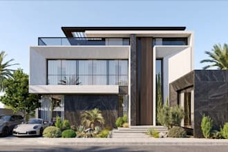 render 3d photorealistic modern villa, rooftop house exterior,interior furniture