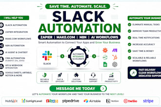setup slack automation, zapier integration, ai agent and make com workflow asana
