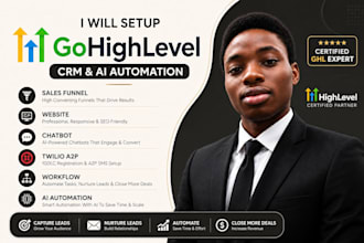 setup gohighlevel CRM, ai automation, sales funnel, website, chatbot, twilio a2p