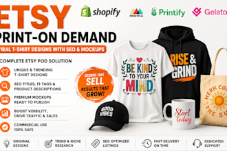 create viral etsy pod t shirt designs with seo title, tags, and mockup