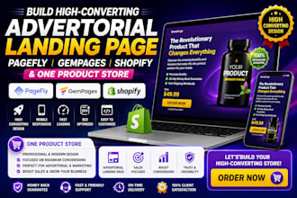 build advertorial pagefly landing page, gempages, shopify and one product store