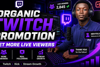 do organic twitch promotion, live viewers, twitch partner, kick followers growth