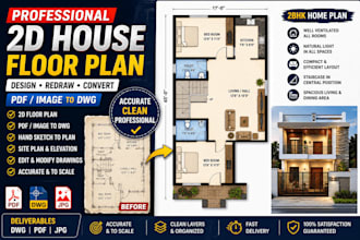 create 2d floor plans, redraw house plans, PDF image to autocad dwg