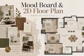 do interior design mood board with 2d floor plan