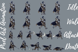 create pixel art character animation, sprite sheet, game asset, tileset design