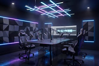render 3d podcast room, 3d studio room and 3d podcast studio