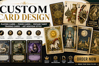 custom playing cards, poker, vintage tarot card, art nouveau style trading card