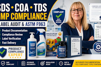 draft safety data sheet, coa, tds, gmp compliance, astm f963 and label audit