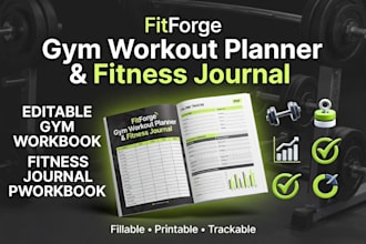 design editable gym workout planner, fitness journal and PDF workbook to sell