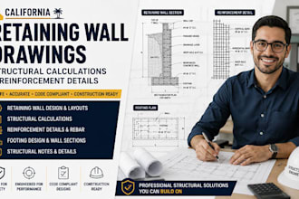draw california retaining wall, structural calculations and reinforcement detail