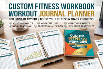design a custom fitness workbook, workout journal planner for print ready PDF
