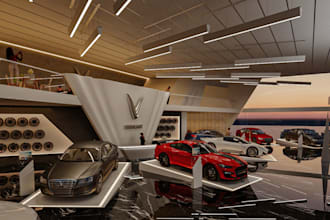 design realistic 3d car showroom, auto dealership and vehicle display